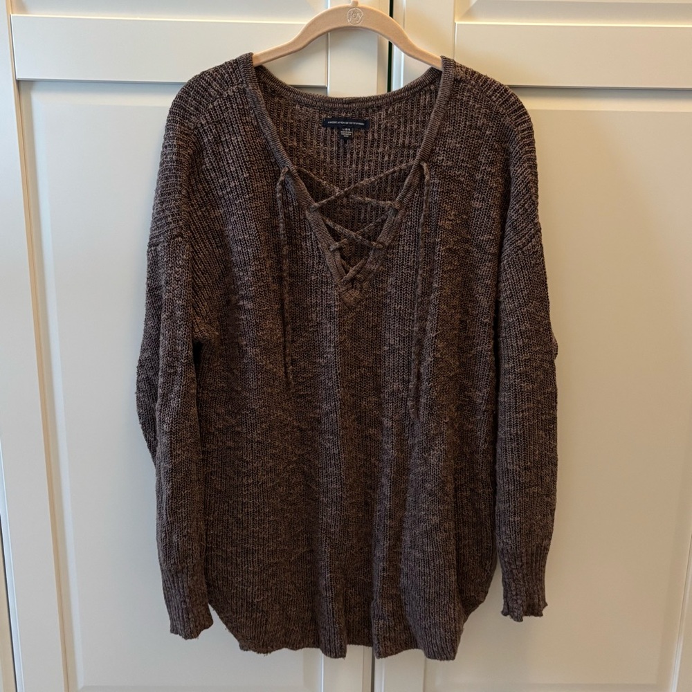 American Eagle Brown Lace-Up Sweater